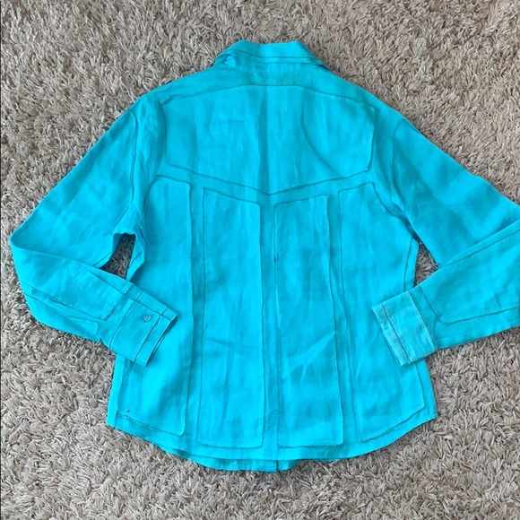 SAMUEL DONG 100% Linen Button Down Teal Top - Picture 6 of 16